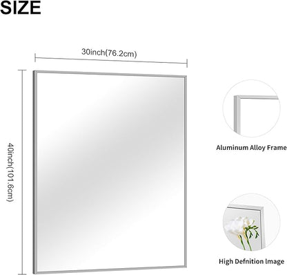 30x40In Silver Bathroom Mirror for Wall, Brushed Nickel Rectangle Mirrors - Image 4