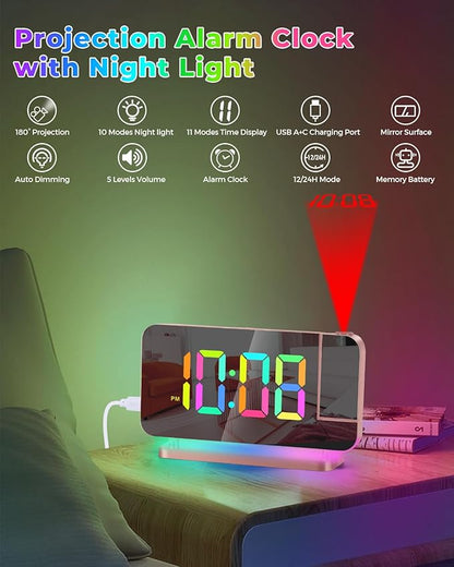 SZELAM Projection Alarm Clock, 7.4 in LED Mirror Digital Clocks Projection on - Image 2
