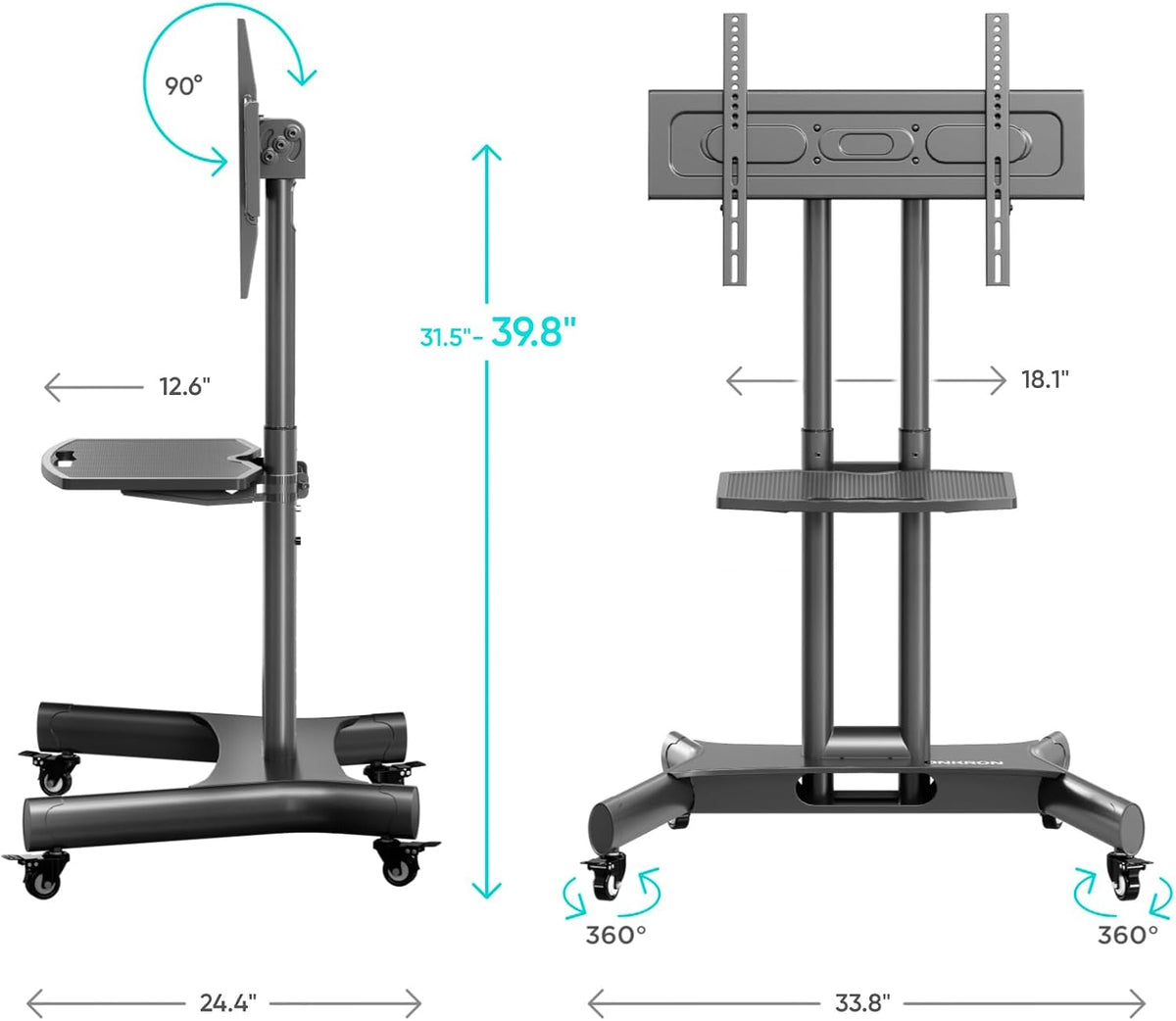 ONKRON Mobile TV Stand 32-70 Inch, up to 89 lbs, max VESA 600x400, Black