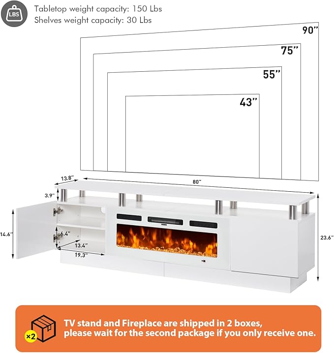Fireplace TV Stand with 36” Electric Fireplace, 80” 2 Tier TV Console Stand - Image 9