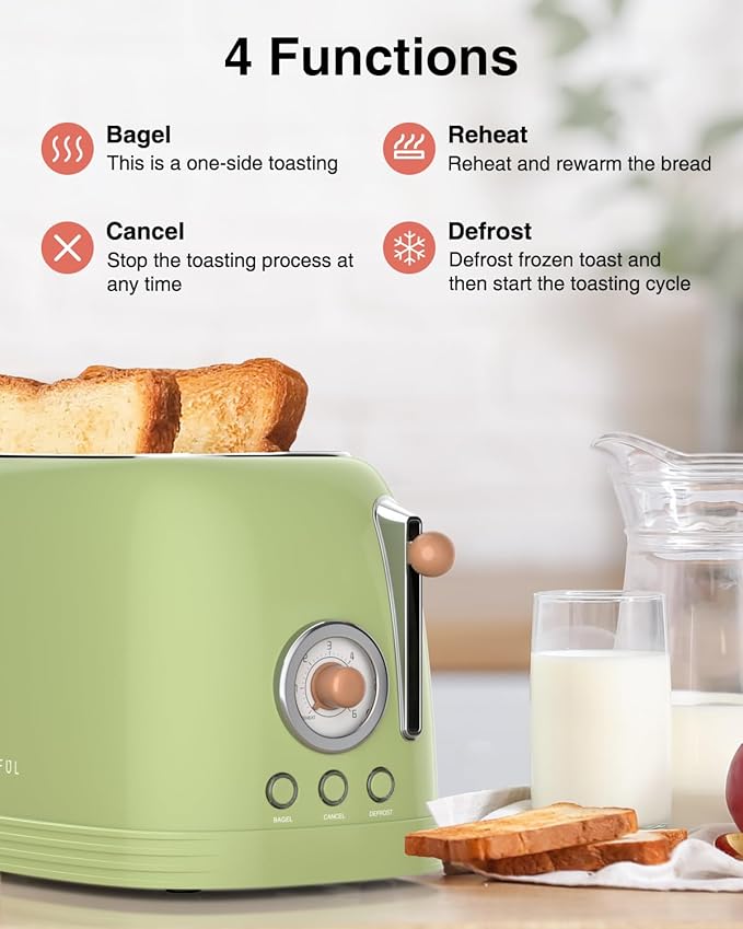 CROWNFUL 2-Slice Toaster, Extra Wide Slots Toaster, Retro Stainless Steel - Image 2
