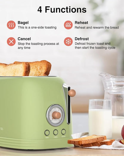 CROWNFUL 2-Slice Toaster, Extra Wide Slots Toaster, Retro Stainless Steel - Image 2