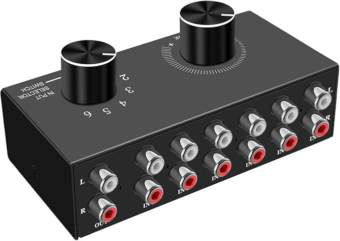 6-Way Audio Switcher, Right and Left Channel Stereo Audio Switcher, Plug & Play by Dingsun