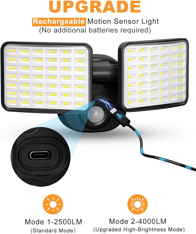 Rechargeable Motion Sensor Light, 2500LM&4000LM Dual Modes Rechargeable Outdoor - Image 2