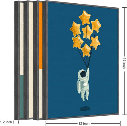 Framed Space Room Decor, 4 Piece Canvas Wall Art, 12x16 Inch | Space Room Boho Large Wall Decor Astronaut Rocket Planet Painting Prints Inspirational Art for Living Room Bathroom Bedroom