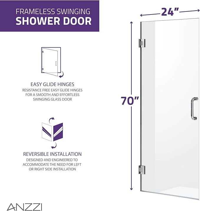 ANZZI 70" x 24" Frameless Shower Door in Brushed Nickel, Water Repellent Glass - Image 4