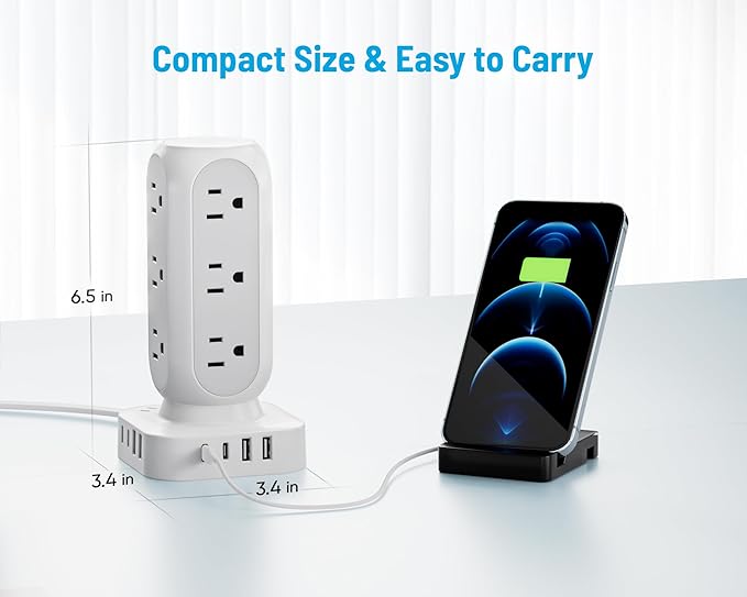 Flat Plug Power Strip Tower 15FT, 40W Total Fast Charging Station, Dual PD 20W - Image 6
