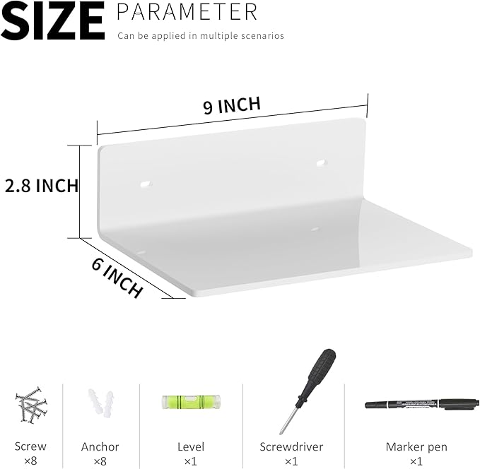 Hexsohoma 9 Inches White Floating Shelves, Acrylic Wall Shelves - Image 3