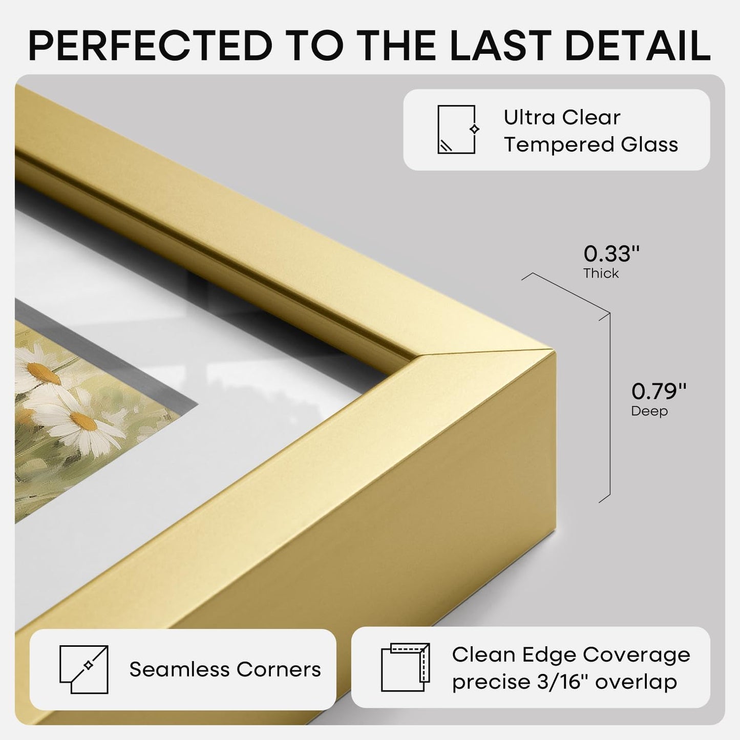 12x12 Gold Picture Frame, High-End Metal, 10x10 Mat, Glass | High End Aluminum, Tempered Glass, Acid-Free 10x10 Removable Mat, 12x12 in Edge-to-Edge Display 12x12, Wall Kit, Set Of 1