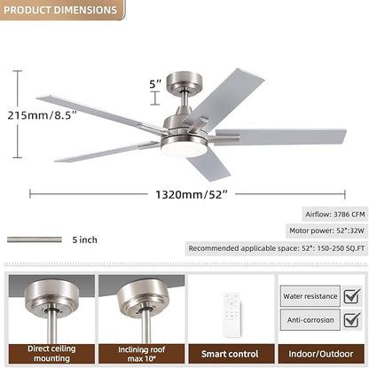 SODSEA Ceiling Fans with Lights, 52 inch Nickel Ceiling Fan with Light and - Image 2