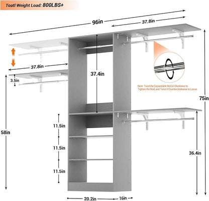8FT Closet System with Shelves, Wall Mount Bedroom Wardrobe Walk-in Closet - Image 7