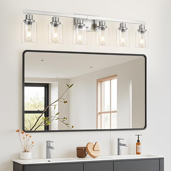 DIKAIDA Bathroom Vanity Light, 6-Light Nickel Modern Matte Wall Sconce Lighting - Image 7