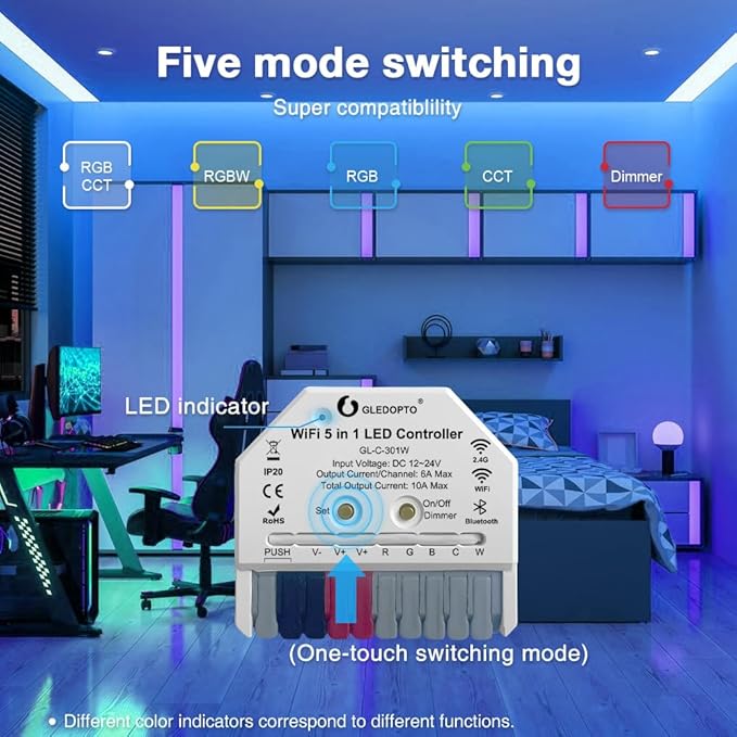 GLEDOPTO WiFi+Bluetooth 5 Modes in 1 Mini LED Strip Controller DC12-24V RGBCCT - Image 2