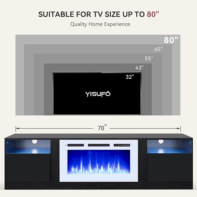 YISUFO 70" TV Stand with 36" Electric Fireplace, Large Modern Media - Image 6