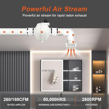 MIDCVFRUN 4 inch Radon Fan, 2 speed 260/188CFM Radon Mitigation System Quickly - Image 3