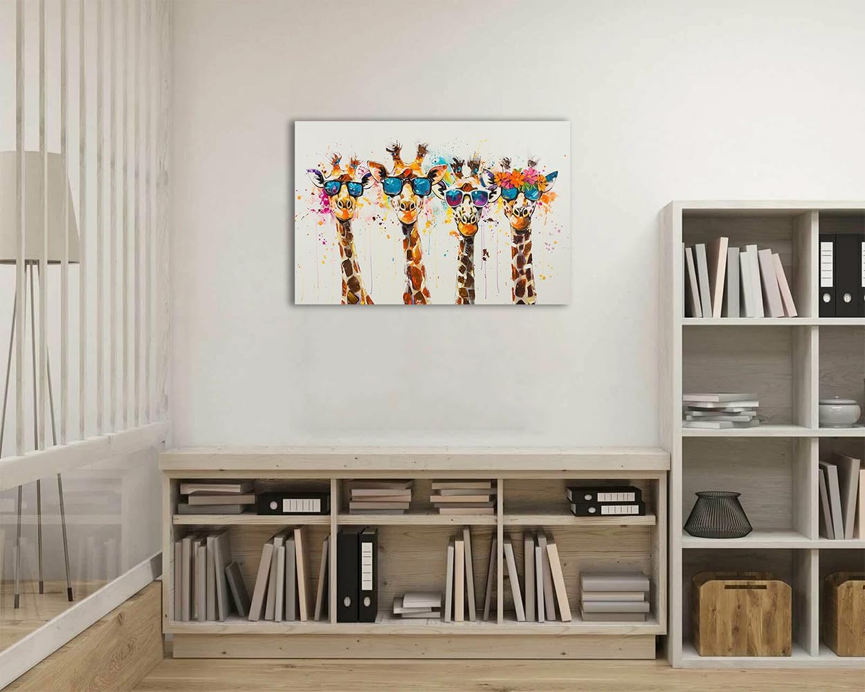 Ypxzzj Framed Cute Giraffes Canvas Wall Art Colorful Animal Posters Prints Pictures Wall Decor Modern Graffiti Painting Artwork for Living Room Bathroom Decor Ready to Hang(36''x24'')
