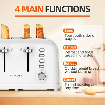 White Toaster 4 Slice, Dual Independent Controls, Extra Wide Slot Toasters - Image 5