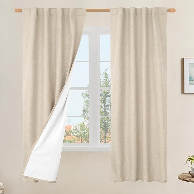 LAMIT 100% Blackout Linen Curtains, 63 Inches Linen Textured Thermal Bedroom by LAMIT