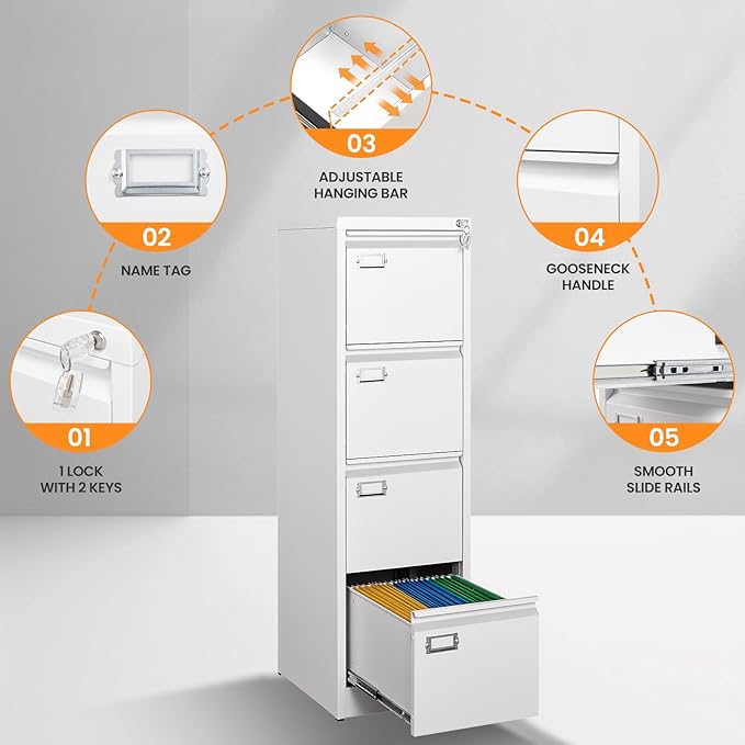 4 Drawer File Cabinet with Lock, Metal Filing Cabinets - Image 6