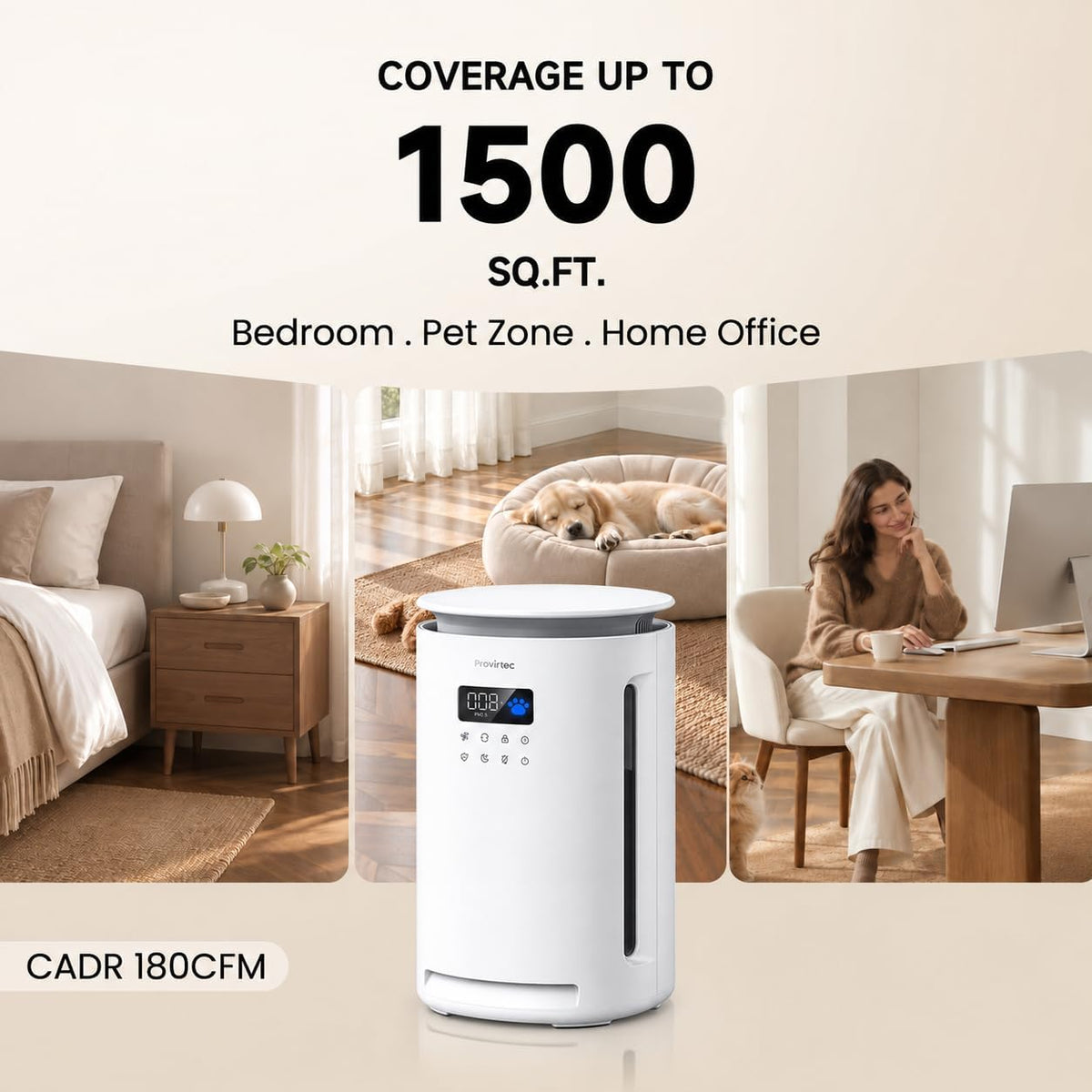 Provirtec Pet Air Purifier for Home with H13 HEPA, 4 Washable Pre-Filters