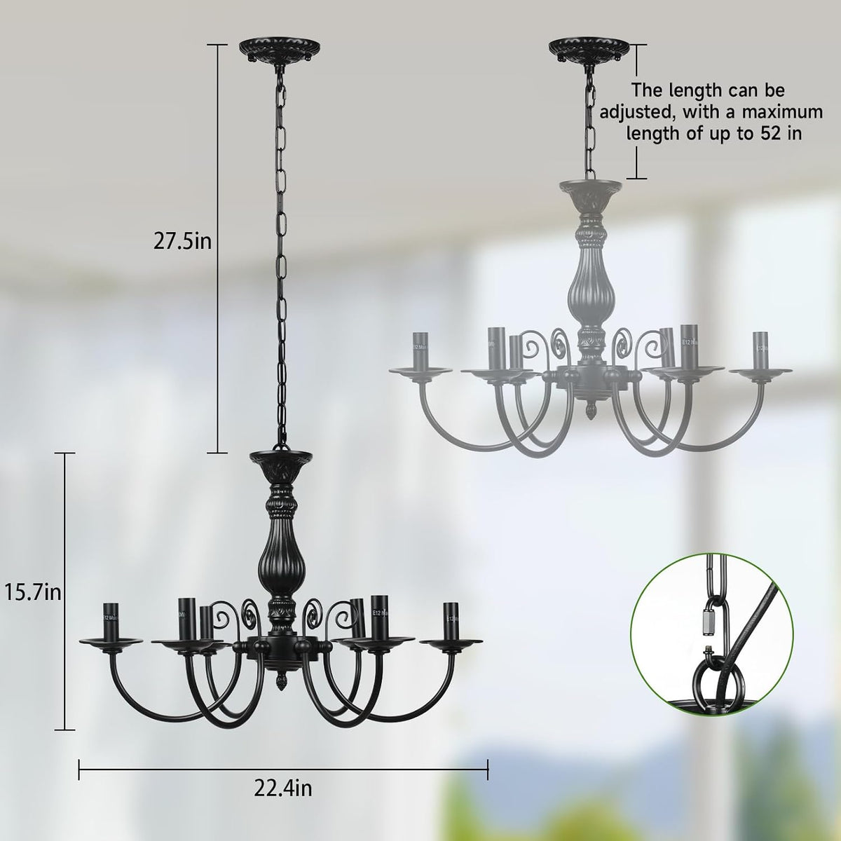 6-Light Farmhouse Chandelier for Dinning Room,Vintage Black Candle Hanging Pe...