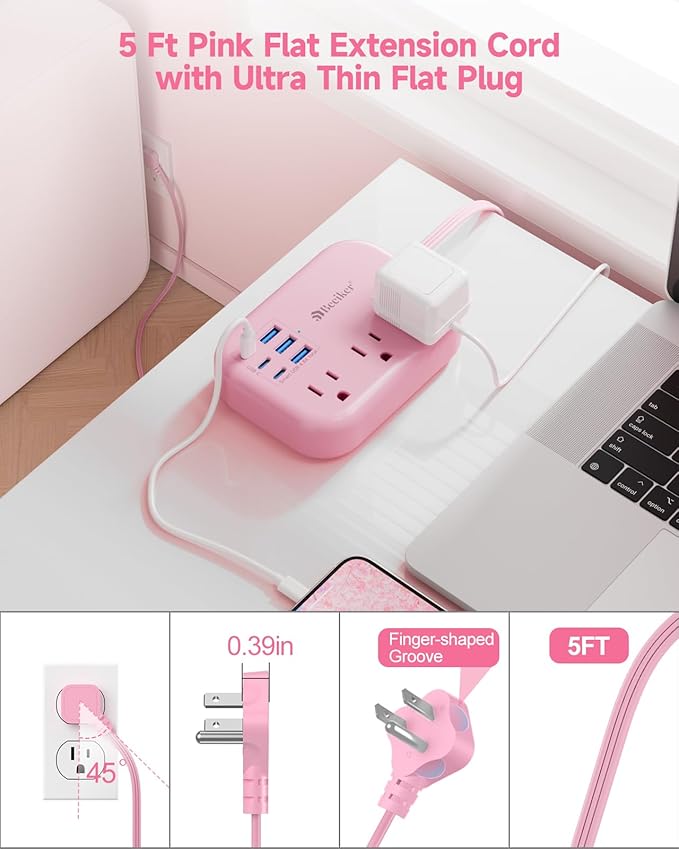 6 USB Pink Power Strip- 5Ft Extension Cord - Image 5
