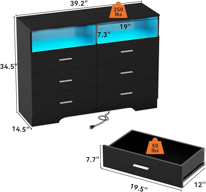 Dresser with Power Outlets and LED Lights Wooden 6 Drawer Dresser with Large - Image 3