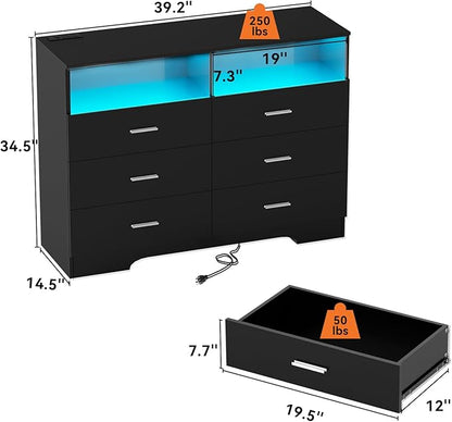 Dresser with Power Outlets and LED Lights Wooden 6 Drawer Dresser with Large - Image 3
