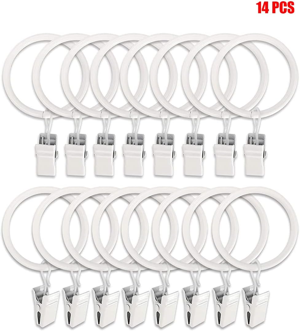 KAIY Set of 14 Curtain Rings with Clips 1.25 Inch White Iron Metal | Curtain Rod Rings with Clips for Drapes, Drapery Ring for Baby Clothes, Baby Pants Hangers, Interior Diameter