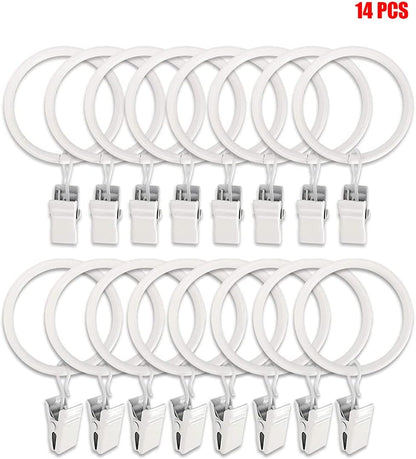 KAIY Set of 14 Curtain Rings with Clips 1.25 Inch White Iron Metal | Curtain Rod Rings with Clips for Drapes, Drapery Ring for Baby Clothes, Baby Pants Hangers, Interior Diameter