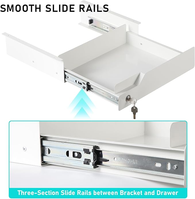 White Under Desk Drawer with Lock, Metal Hidden Storage - Image 4