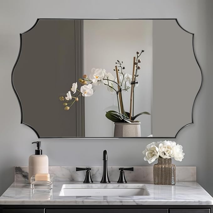 ANDY STAR Rectangle Mirror 24x40 Inch, Matte Black Scalloped Bathroom Mirror by ANDYSTAR