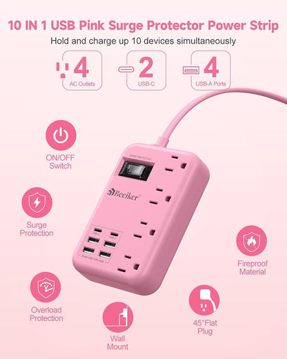 6 USB Pink Extension Cord- 5Ft Travel Power Strip - Image 3