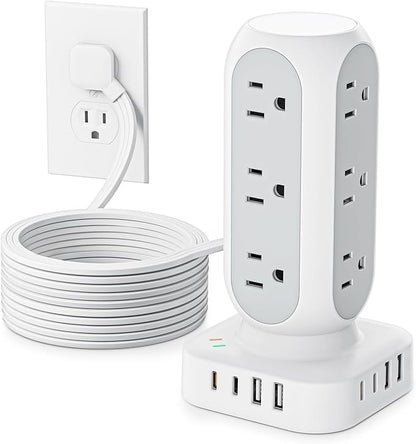 Flat Plug Power Strip Tower 10FT, 40W Total Fast Charging Station, Dual PD 20W by TenTrend