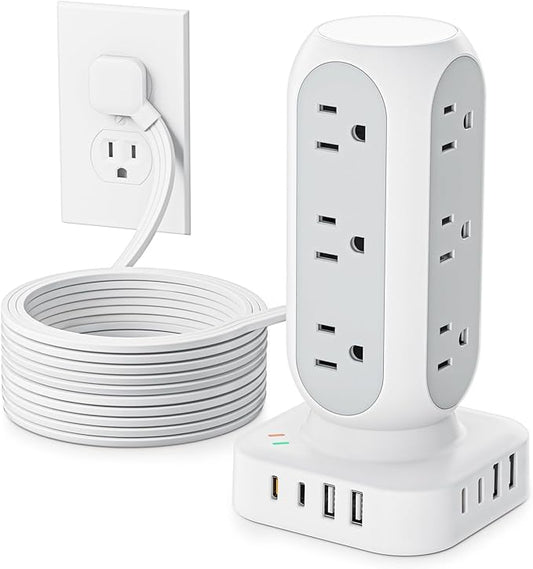 Flat Plug Power Strip Tower 10FT, 40W Total Fast Charging Station, Dual PD 20W by TenTrend