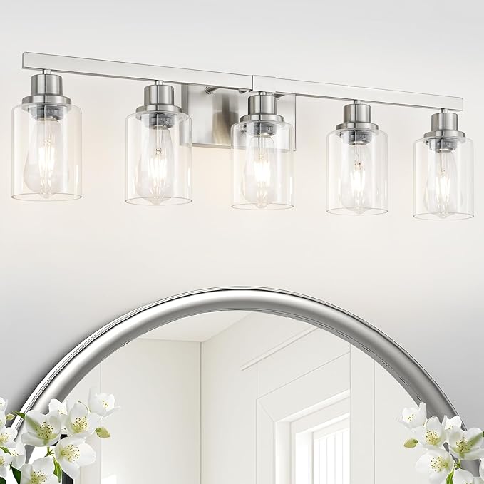 DIKAIDA Bathroom Vanity Light, 5-Light Nickel Modern Matte Wall Sconce Lighting by DIKAIDALights