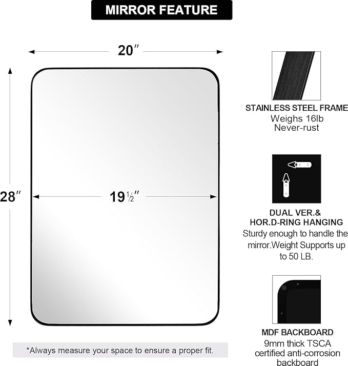 ANDY STAR Wall Mirror for Bathroom, 20”x28” Black Bathroom Mirror, Rounded - Image 3