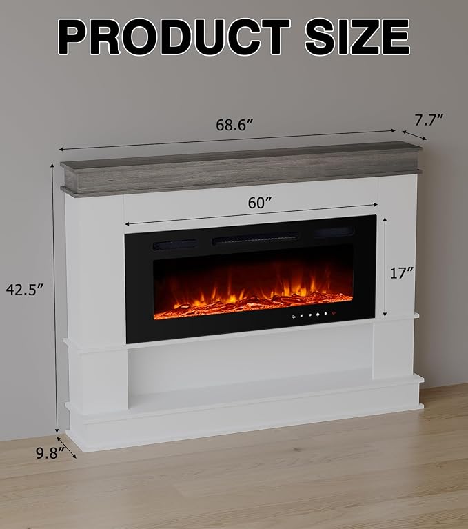 Electric Fireplace with Mantel, Freestanding Fireplace Heater with 60" Insert - Image 7