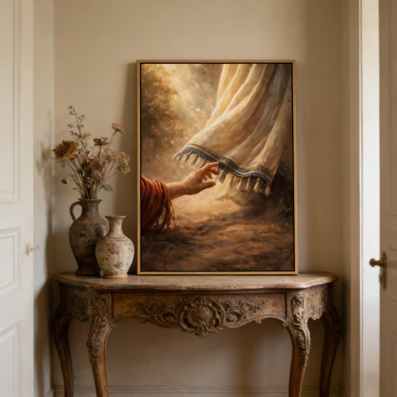 Framed Jesus Canvas Wall Art,Touching the Hem of His Garment Wall Decor Picture, Jesus Healing Christian Poster Print, for Bedroom Living Room Church Decoration