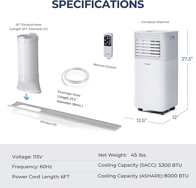 COSTWAY Portable Air Conditioner, 8000 BTU Ac Unit Spaces up to 230sq.ft - Image 6