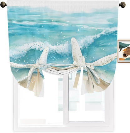 Tie Up Curtains for Windows, Ocean Beach Adjustable Balloon Nature Linen Textured Kitchen Curtain, Summer Coastal Starfish Sand Ombre Blue Room Darkening Curtains for Glass Door, 42 x 45 in