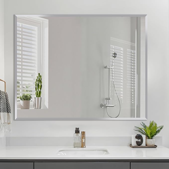 Frameless Beveled Edge Bathroom Mirror 36x24 Inch Rectangle Wall Mirror by LAMCHMOR