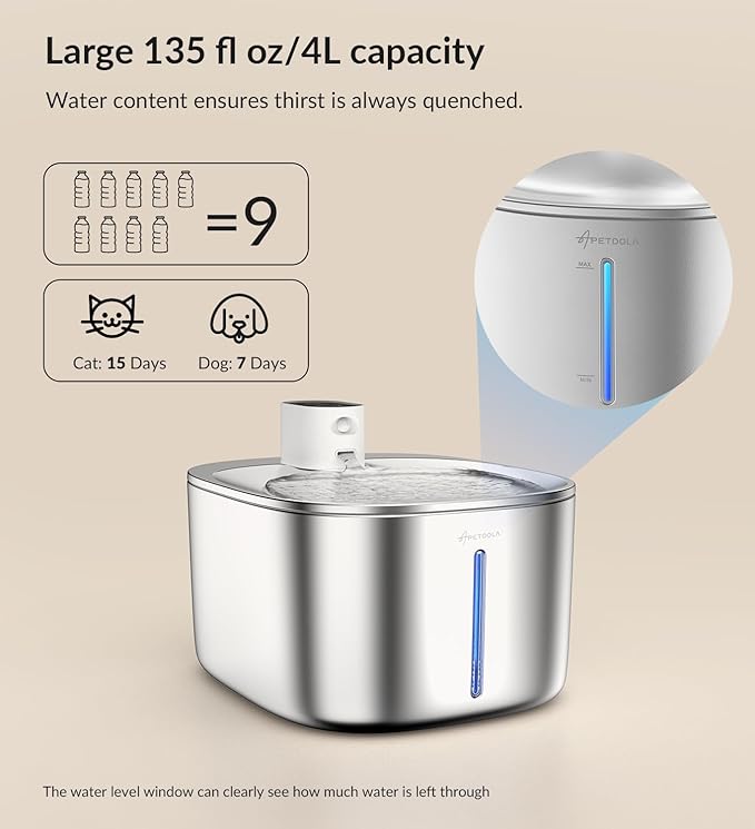 Wireless Cat Water Fountain Stainless Steel, 135floz/4L Battery Operated - Image 7