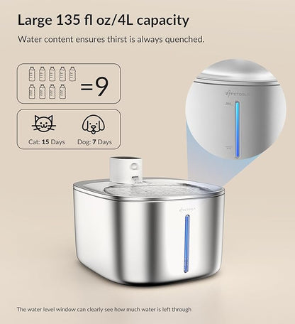 Wireless Cat Water Fountain Stainless Steel, 135floz/4L Battery Operated - Image 7