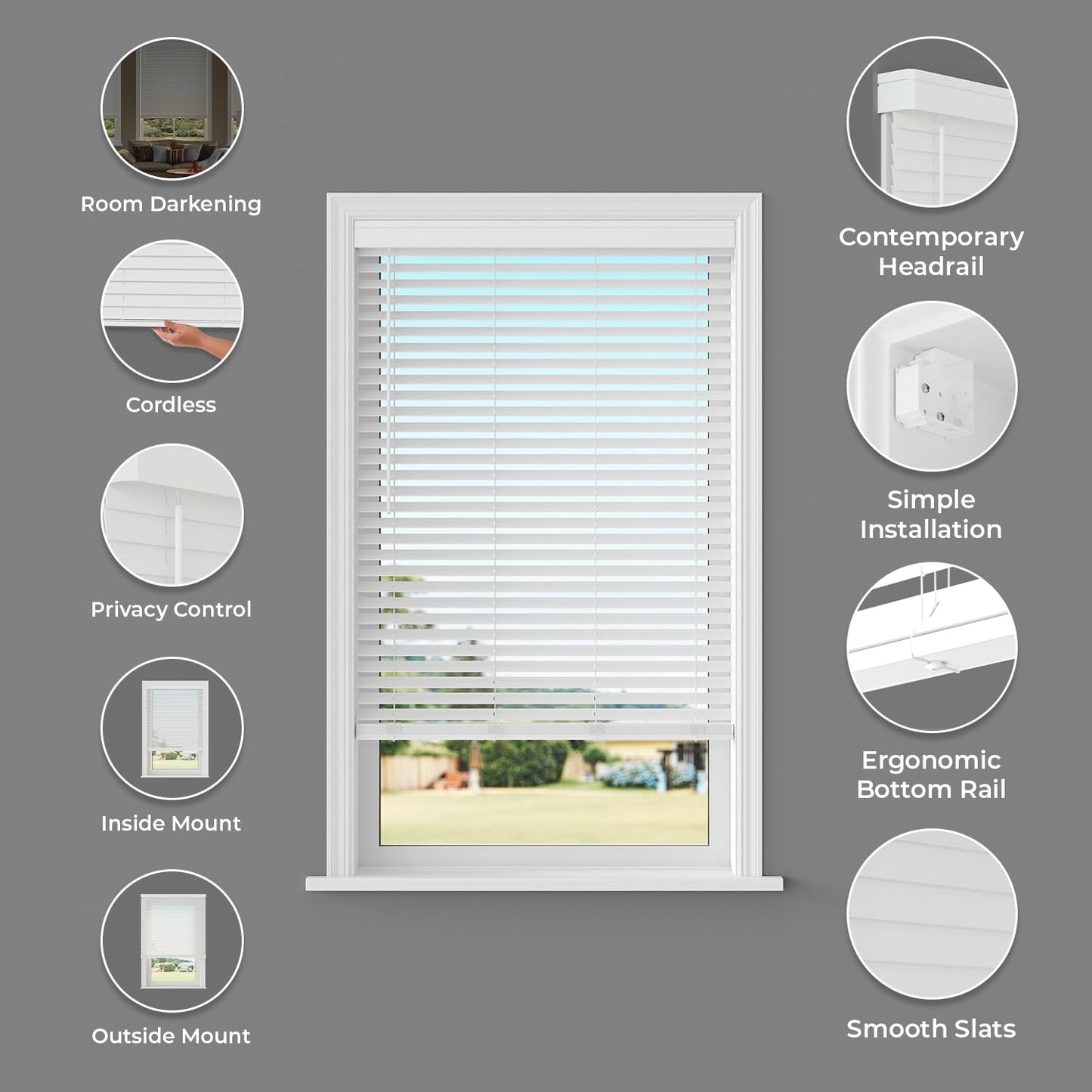 Lumino - 2" Cordless Smooth Slat Faux Wood Window Blinds for Home - 34.5" W x 60" L - White, Faux Wood Blinds for Indoor Windows, Room Darkening Blinds with Contemporary Valance