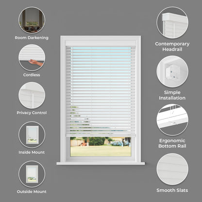 Lumino - 2" Cordless Smooth Slat Faux Wood Window Blinds for Home - 34.5" W x 60" L - White, Faux Wood Blinds for Indoor Windows, Room Darkening Blinds with Contemporary Valance