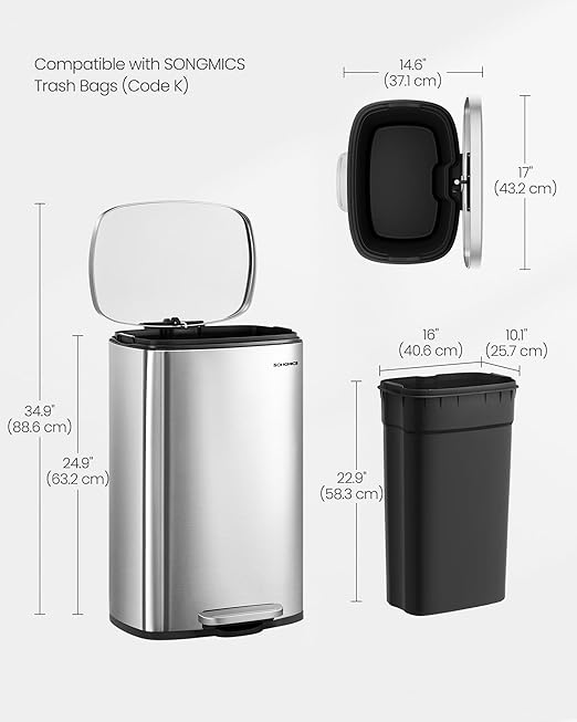SONGMICS 13 Gallon Trash Can, Stainless Steel Kitchen Garbage Can, Recycling or - Image 6