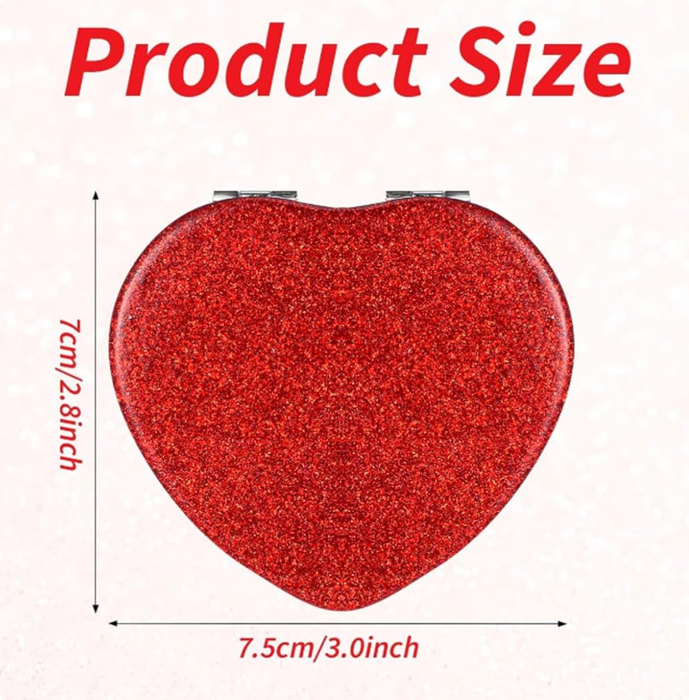 Red Heart Shaped Compact Mirror for Purse,1x/2x Magnification Cute Travel Mirror with Glitter,2.76 inch Double-Sided Mini Folding Mirror,Small Pocket Mirror for Gift,Travel Essentials