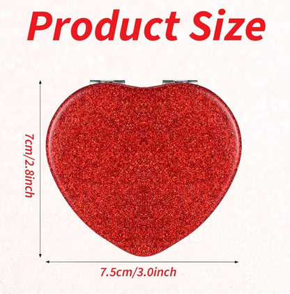 Red Heart Shaped Compact Mirror for Purse,1x/2x Magnification Cute Travel Mirror with Glitter,2.76 inch Double-Sided Mini Folding Mirror,Small Pocket Mirror for Gift,Travel Essentials
