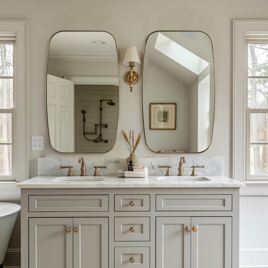 Brass Bathroom Mirror, 24x32’’ Brushed Gold Metal Frame Oblong Mirror for Bathroom, Modern Gold Oval Bathroom Mirror for Over Sink, Hangs Horizontal or Vertical